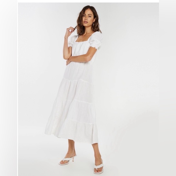 AERE Dresses & Skirts - AERE Double Tie Back Short Sleeve Tier 100% Linen White Midi Dress Size 8